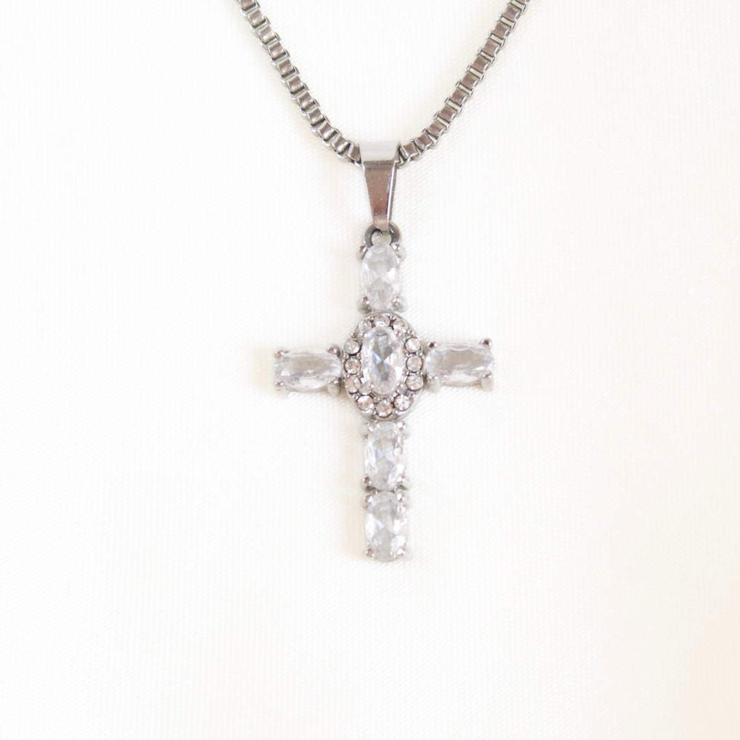 Small CZ Cross Necklace in Silver