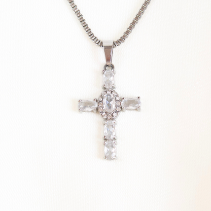Small CZ Cross Necklace in Silver